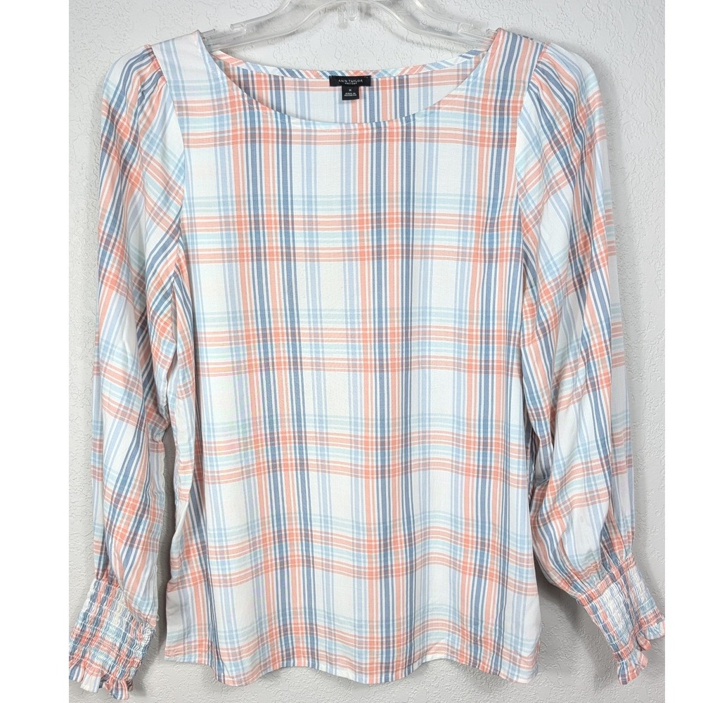 Ann Taylor Blouse Women Medium White Blue Orange Plaid Smocked Long Sleeve - Picture 2 of 8